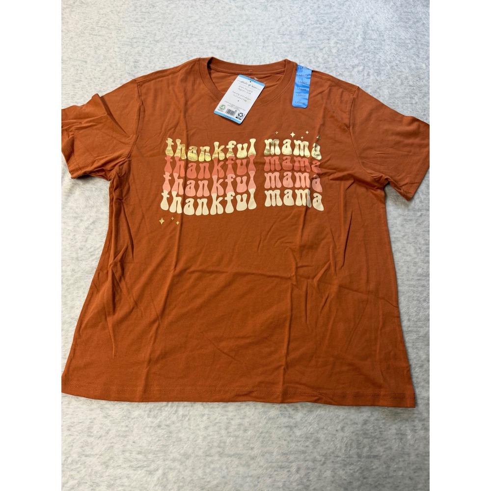 State of Mine Thankful Mama Graphic Tee Cayenne Rust‎ Orange Gold Foil Large NWT